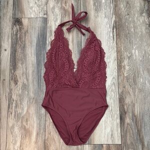 Xhilaration Lace Halter One-Piece Swimsuit in Dark Dusty Rose Color Size Small